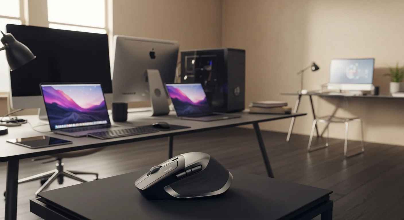 Escritorio de trabajo moderno con varias computadoras y un ratón Logitech Master MX 3S en primer plano, mostrando un entorno de alta productividad.