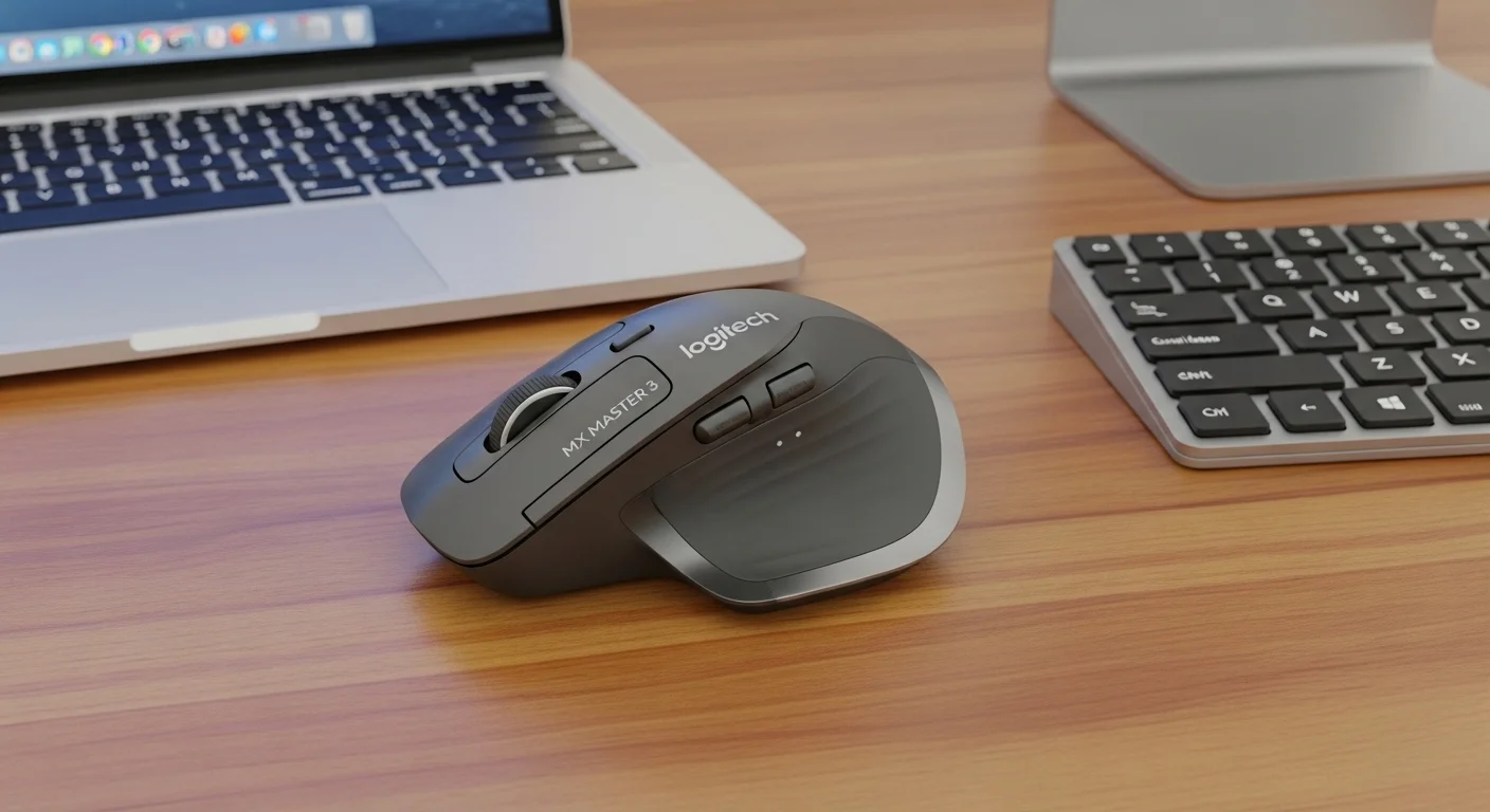 Una imagen del mouse Logitech MX Master 3 sobre un escritorio de madera junto a una laptop y un teclado, mostrando un entorno de trabajo profesional con computadoras.