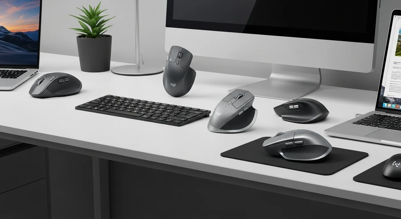 Una composición de los diferentes modelos de Mouse Mx de Logitech, incluyendo el MX Master 3S y el MX Vertical, sobre un escritorio de oficina moderno junto a computadoras y laptops.