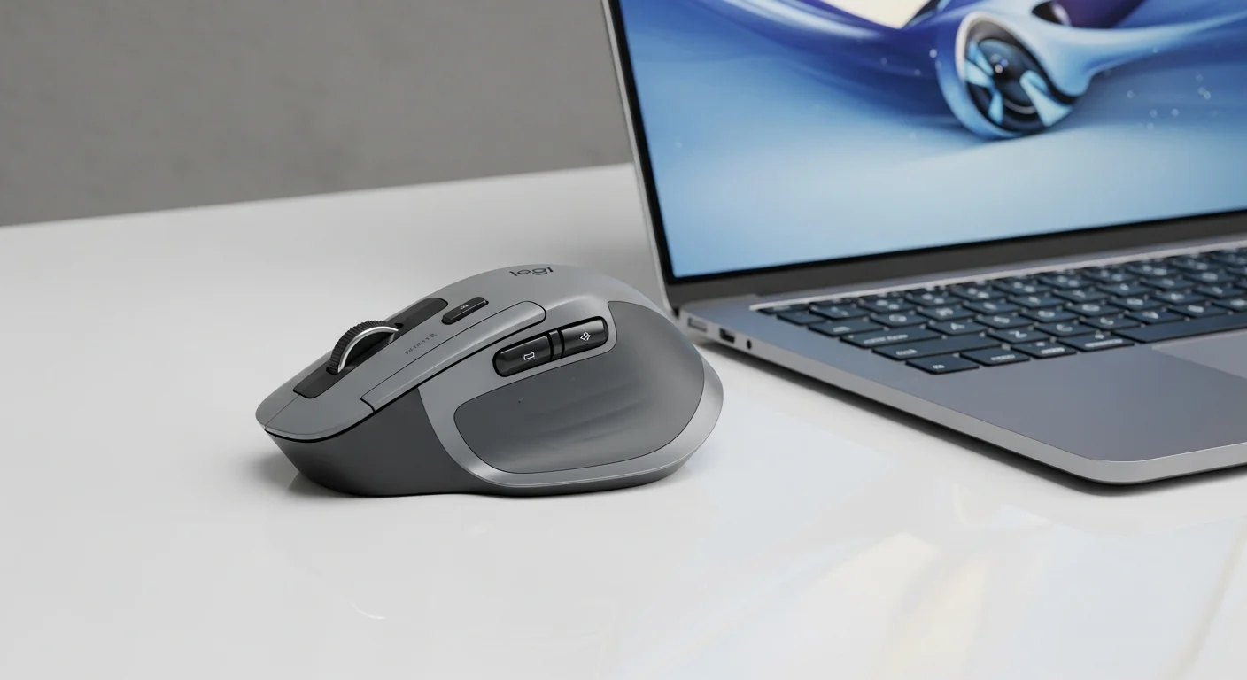Una imagen mostrando el Logitech MX Master 2S junto a un portátil moderno sobre un escritorio, simbolizando la productividad con computadoras y tecnología.