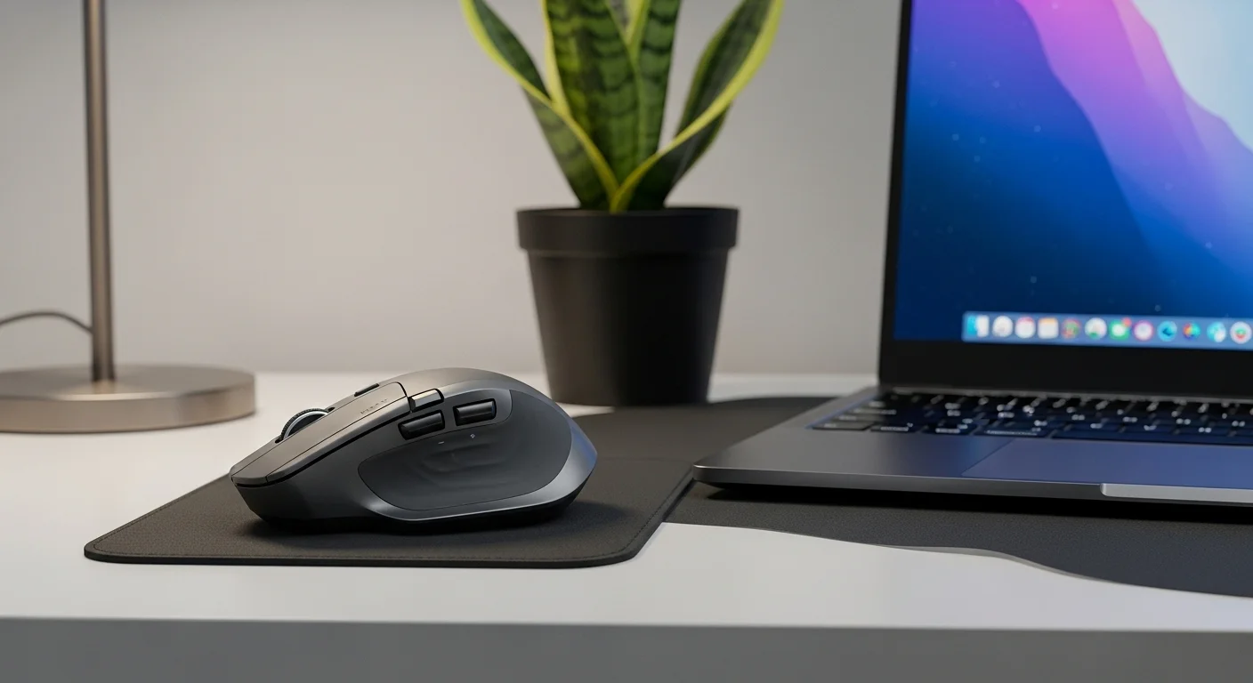 Mouse inalámbrico Logitech Mx Anywhere 3s color grafito sobre un escritorio moderno junto a una laptop y una planta.