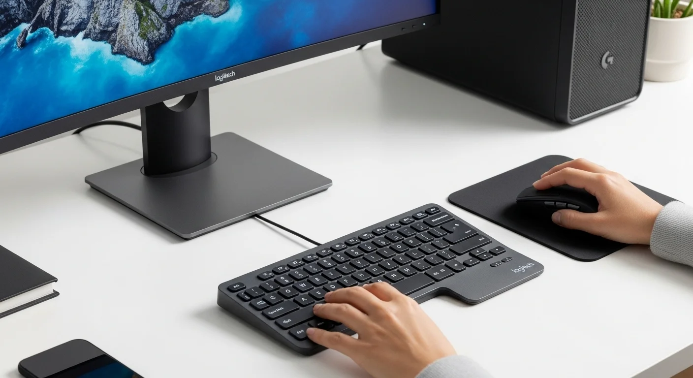 Escritorio de oficina con computadoras mostrando el ecosistema Logitech MX con el ratón MX Master 3S y el teclado MX Keys Mini
