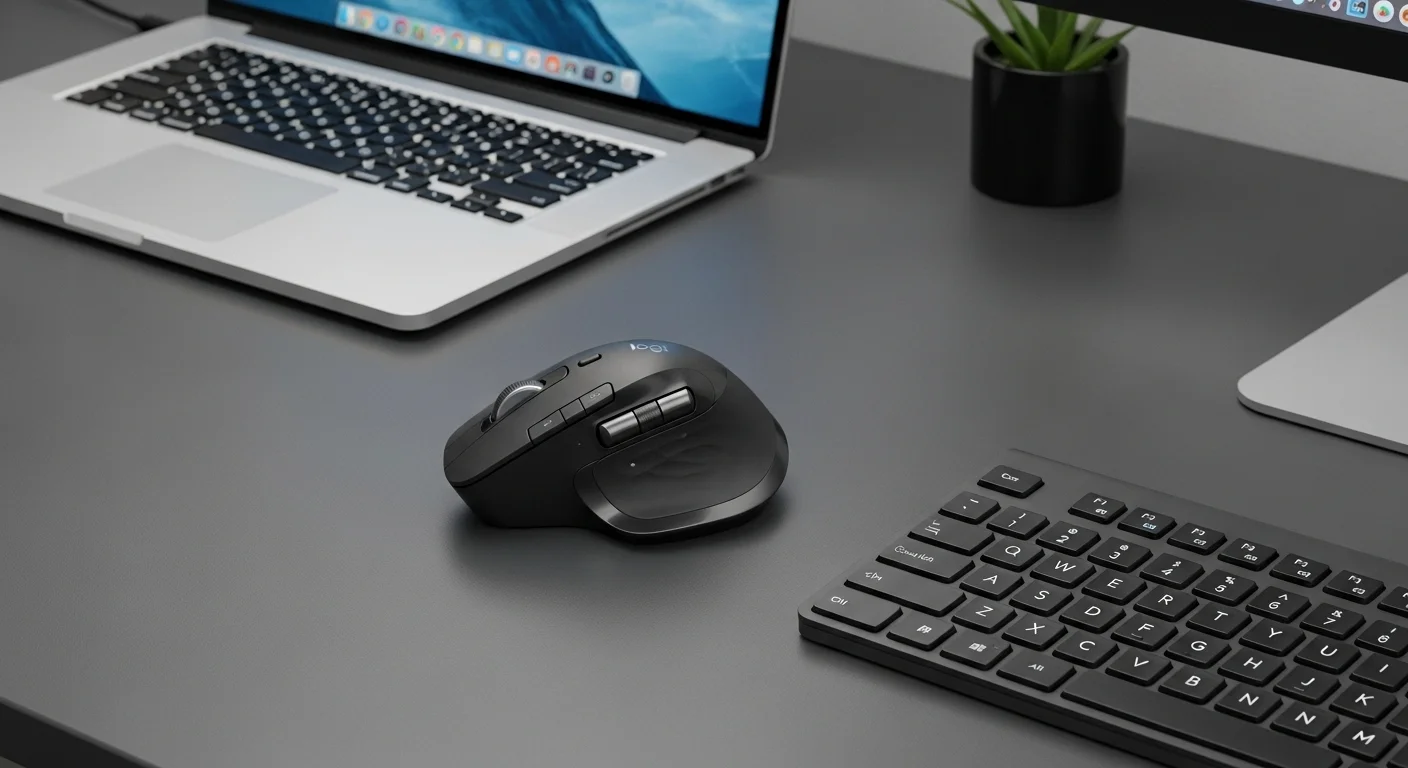 Mouse Logitech MX Master 3 color graphite sobre un escritorio moderno junto a una laptop y un teclado, representando un espacio de trabajo profesional para computadoras.