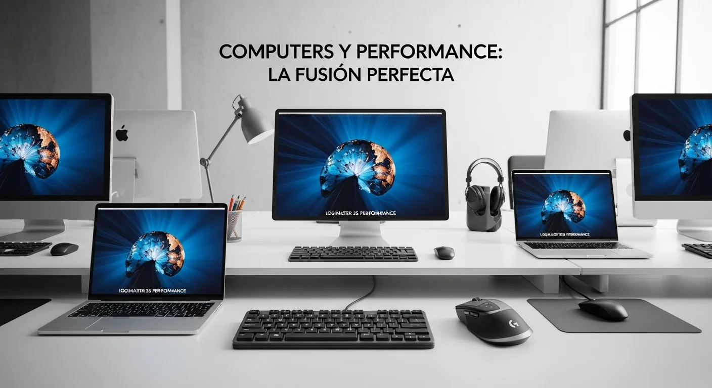 Una configuración de escritorio profesional con varias computadoras y laptops, destacando un ratón Logitech MX Master 3S Performance y un teclado MX Keys.