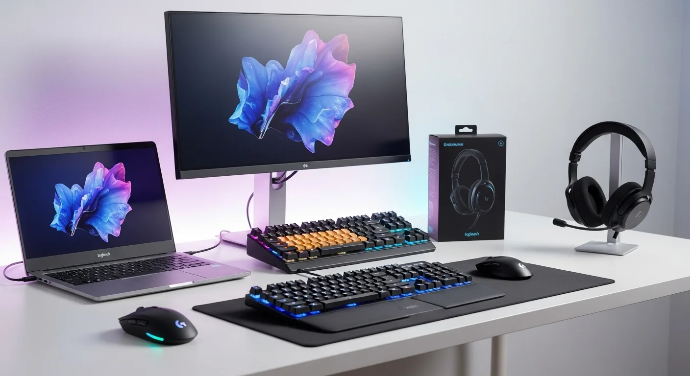 Escritorio moderno con una variedad de periféricos Logitech, incluyendo un teclado, un mouse y auriculares, junto a una computadora portátil y un monitor.