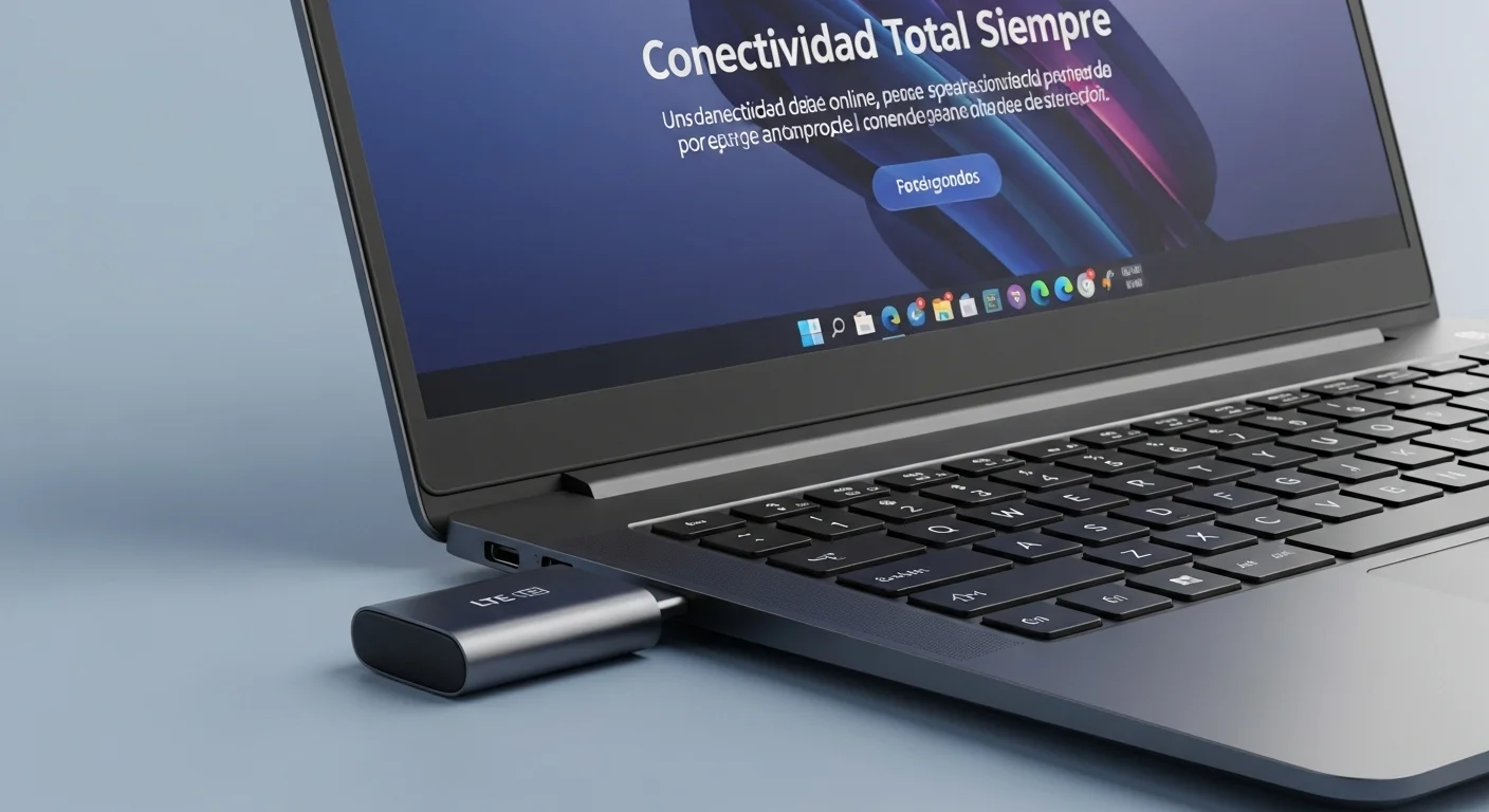 Un Lte Modem USB conectado al puerto de una computadora portátil moderna, mostrando conectividad en cualquier lugar.