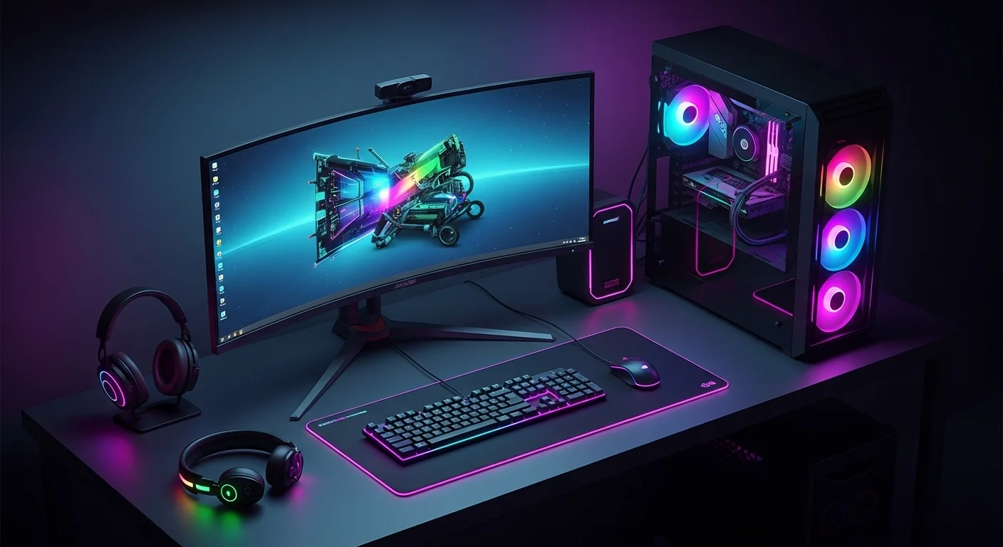 Un setup de computadora gaming iluminado con luces RGB de neón, mostrando un monitor curvo y periféricos brillantes, destacando la importancia de la luz para computadoras.
