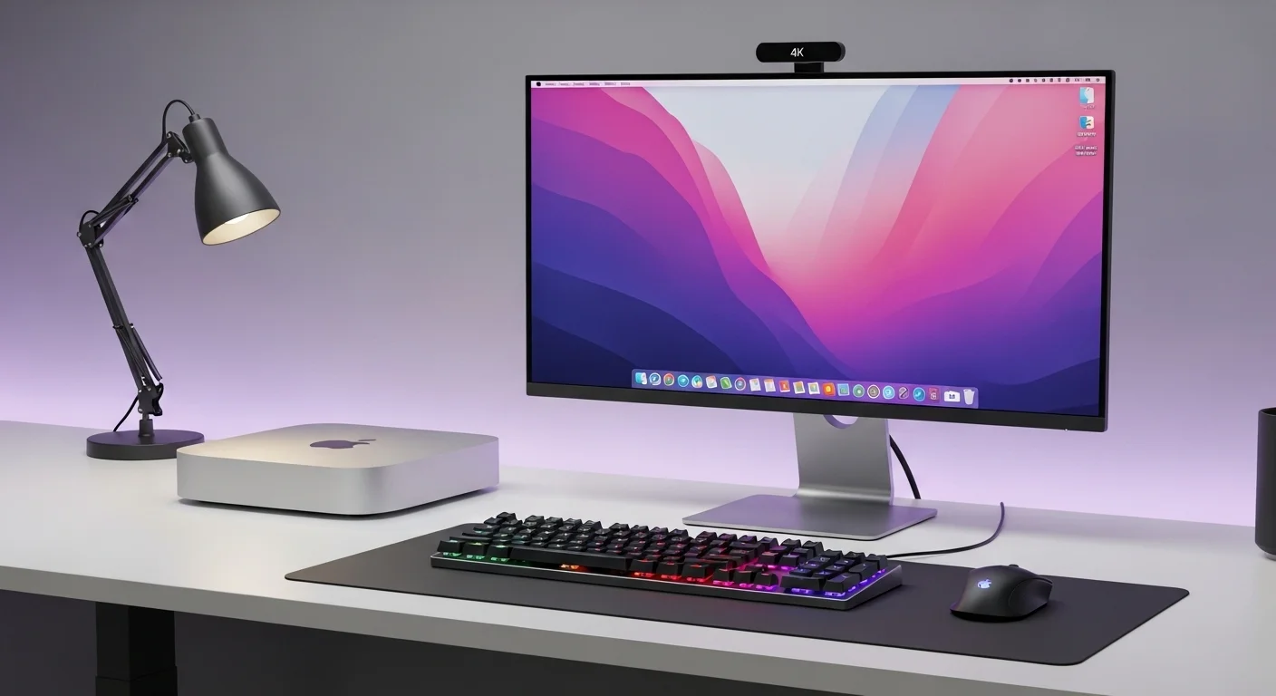 Una computadora Mac Mini M1 en un escritorio moderno junto a un monitor 4K, un teclado mecánico y un ratón ergonómico, demostrando su poder compacto.