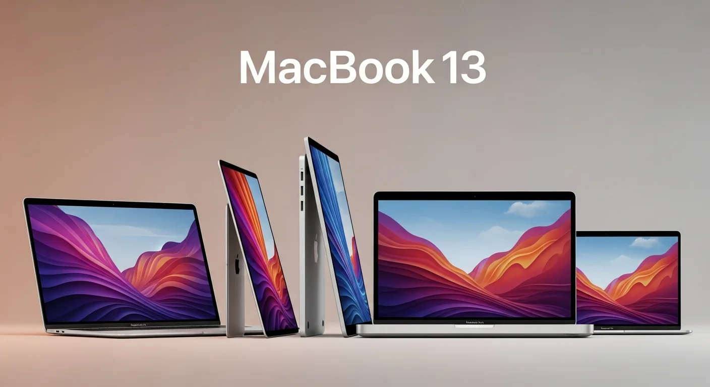 Una composición de varios modelos de Macbook 13 sobre un fondo tecnológico, mostrando la evolución del diseño de estas computadoras.