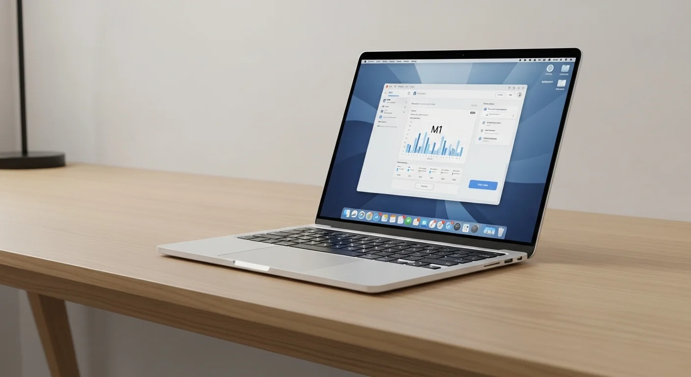 Una computadora Macbook Air 2020 con chip M1 abierta sobre un escritorio de madera, mostrando su diseño delgado y pantalla Retina.