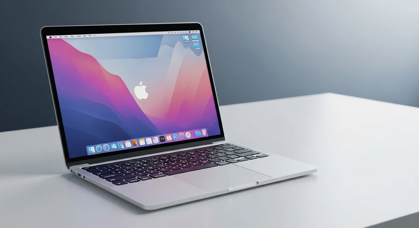 Laptop Macbook Air M1 de Apple abierta sobre un escritorio minimalista, mostrando su pantalla retina brillante y su icónico diseño.