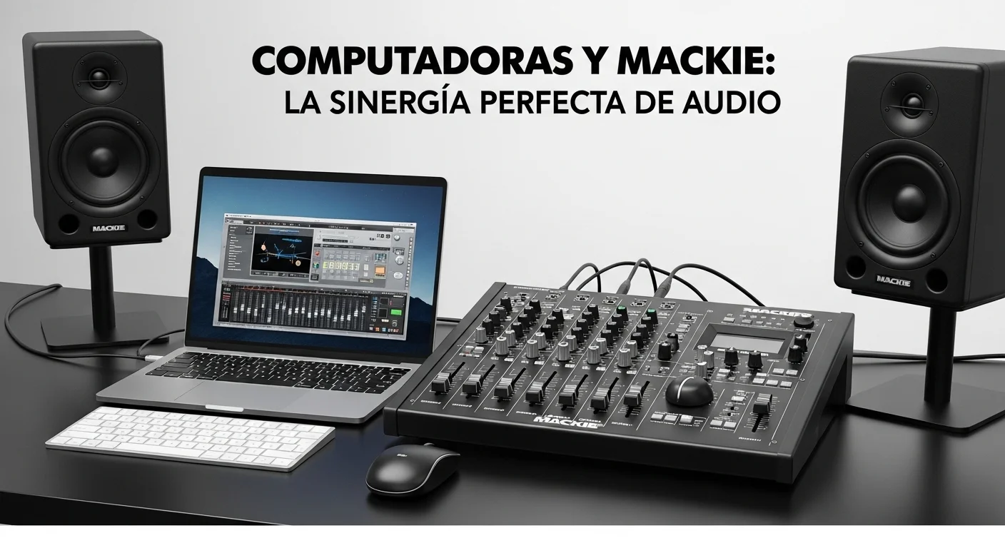 Un ecosistema de productos Mackie, incluyendo altavoces y una mezcladora, conectados a una computadora portátil en un escritorio moderno, mostrando la sinergia tecnológica.