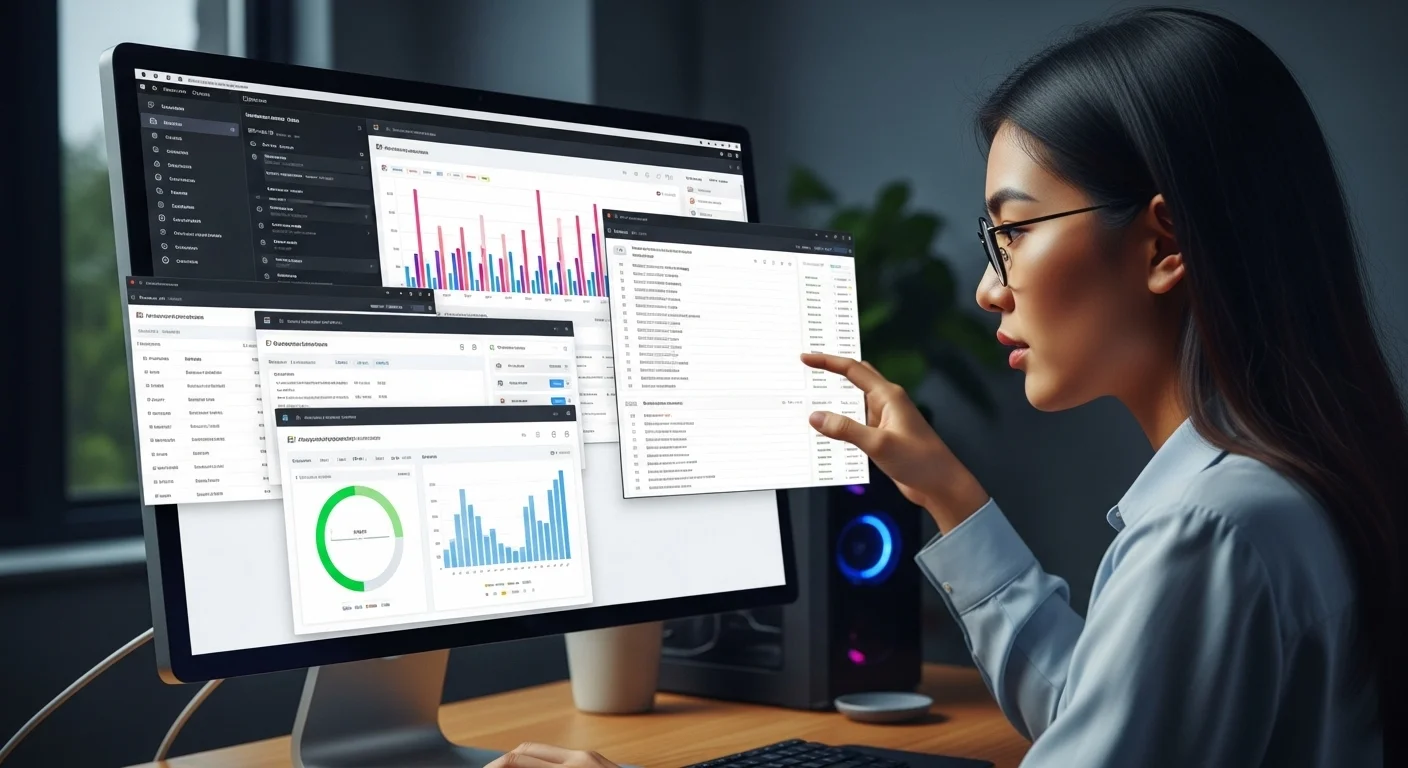 Una persona trabajando en una computadora de escritorio moderna con varias ventanas de software de gestión abiertas, mostrando gráficos y listas de contraseñas.