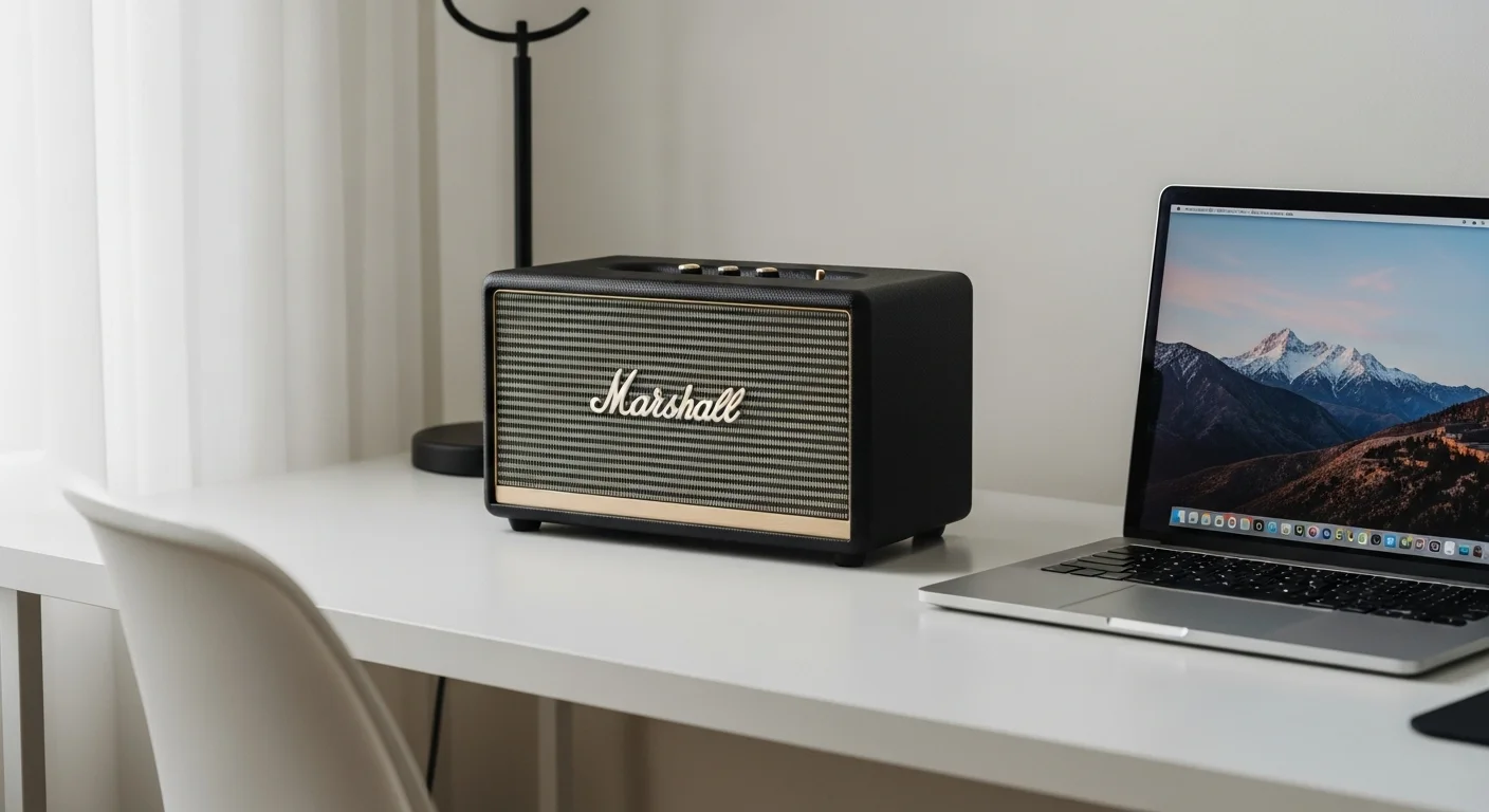 Una bocina Marshall Stanmore III colocada en un escritorio moderno junto a una computadora portátil, mostrando la fusión de tecnología y diseño retro.
