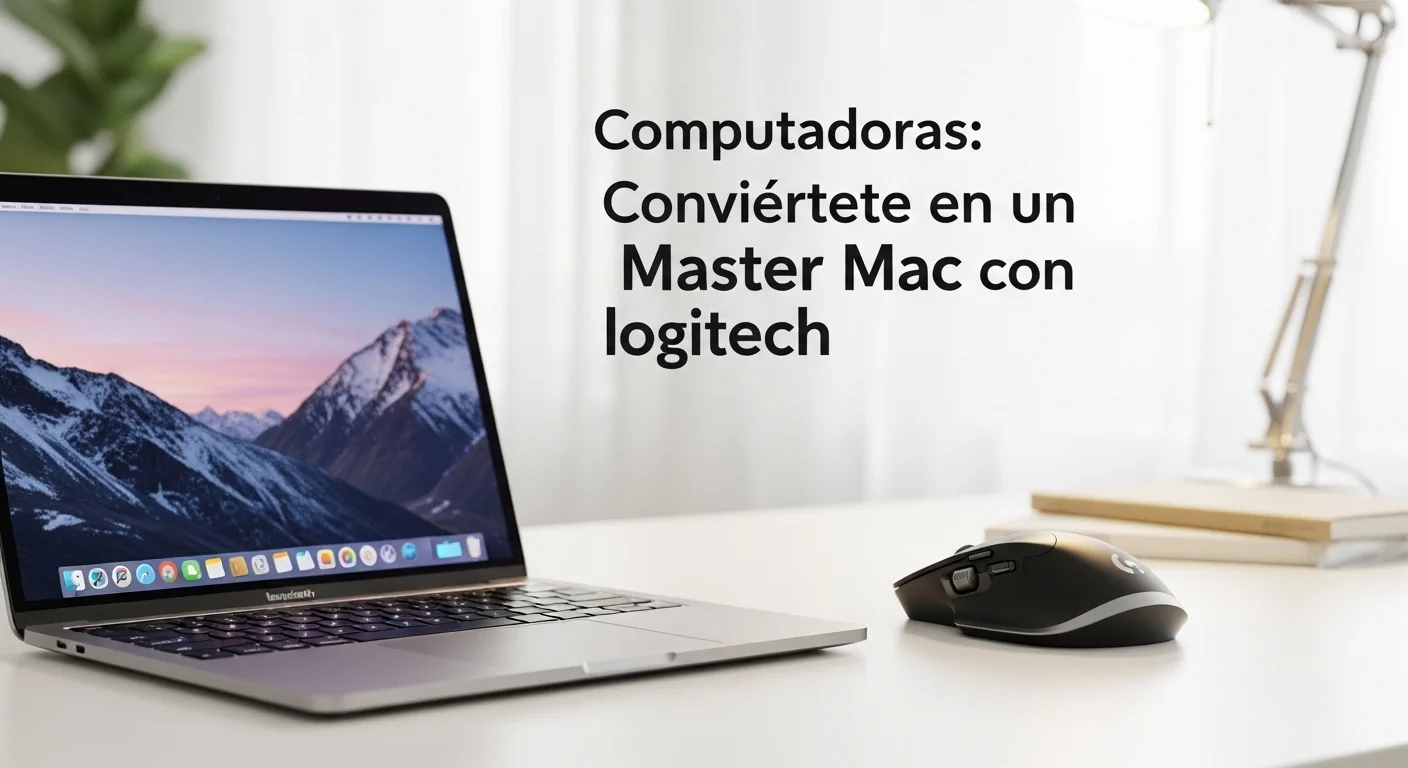 Escritorio de trabajo profesional con una computadora Mac y un mouse Logitech MX Master 3S, representando el concepto de Master Mac.