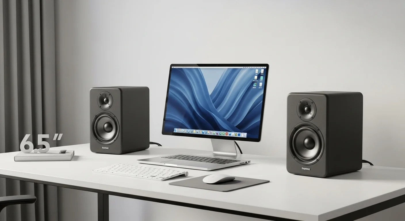 Configuración de audio de alta fidelidad con computadora y altavoces de 6.5 pulgadas en un escritorio moderno.