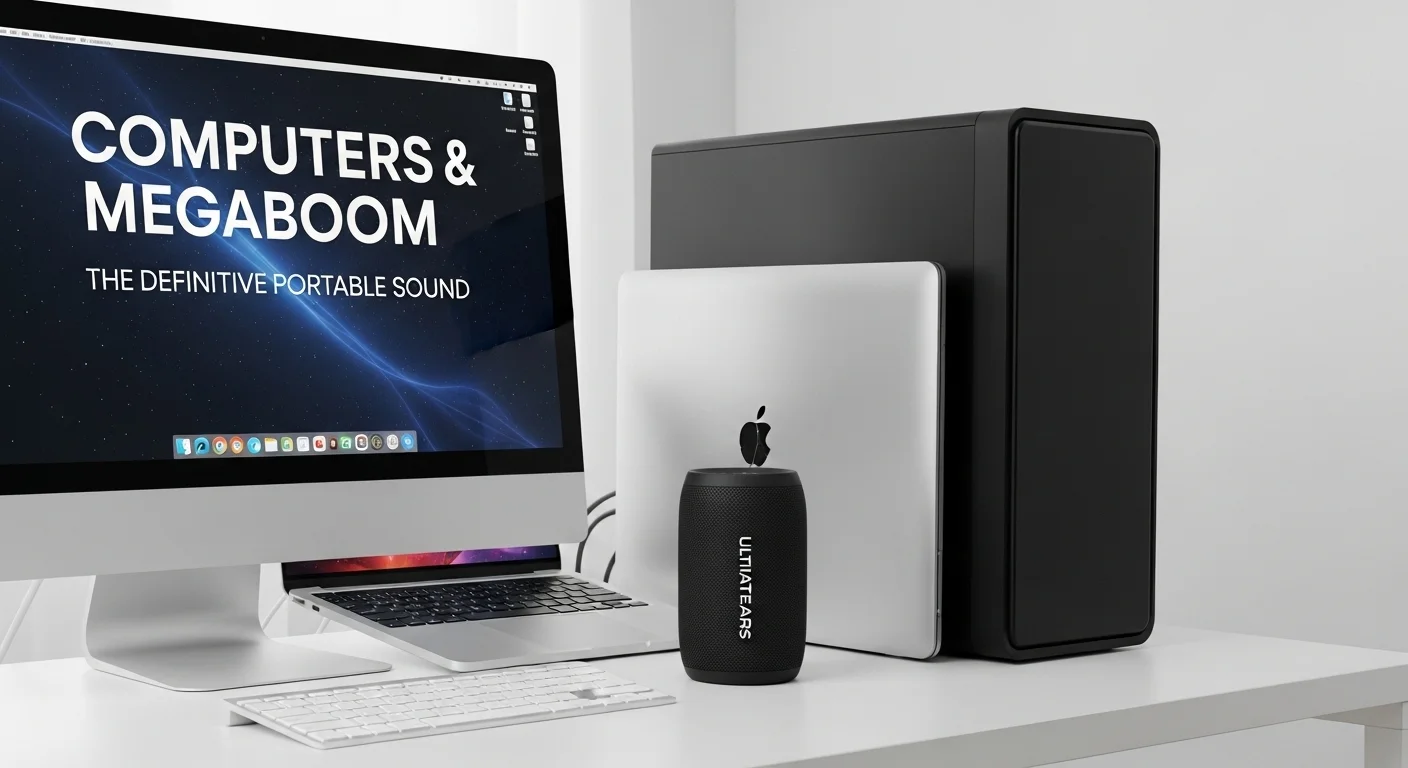 Bocina Ultimate Ears Megaboom 3 color negro junto a una laptop y una computadora de escritorio, mostrando un entorno de trabajo moderno y tecnológico.