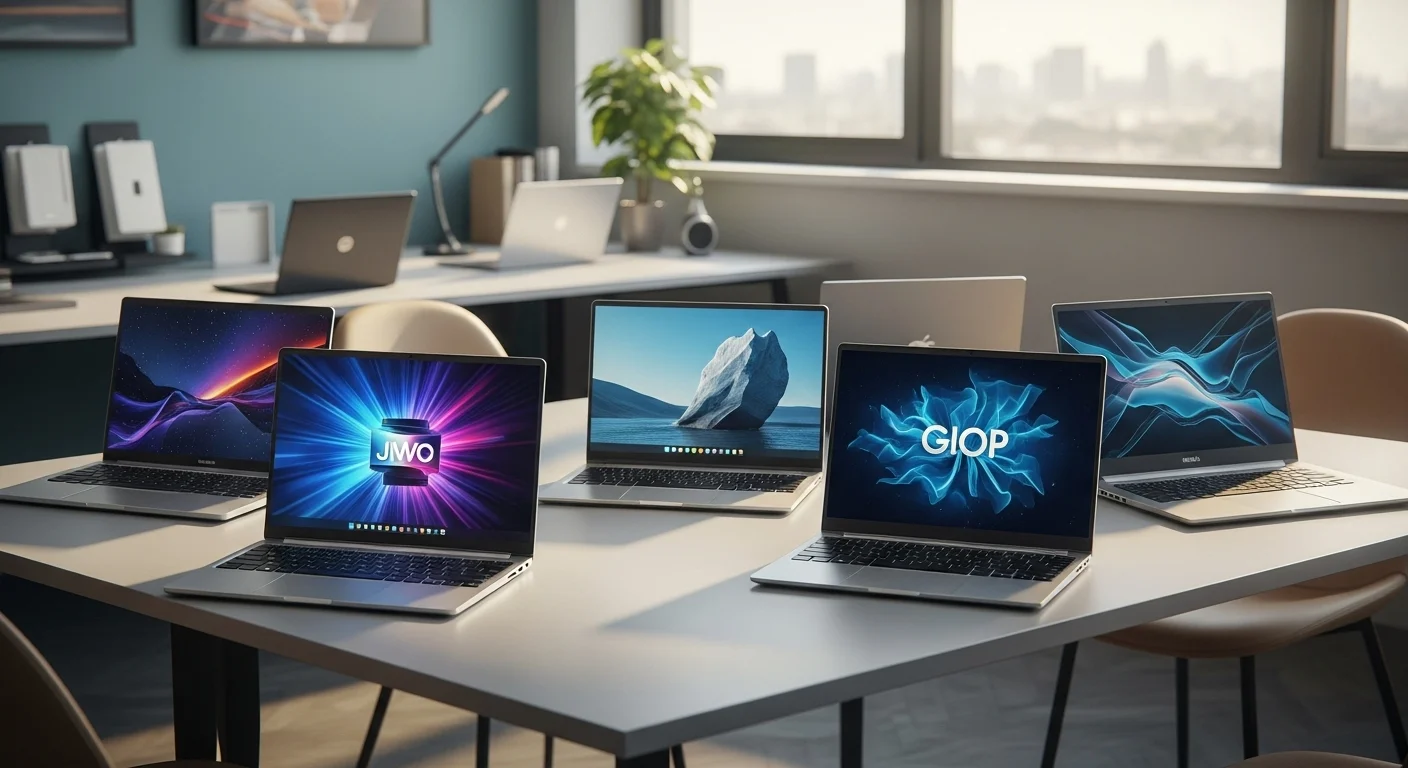 Una selección de las mejores computadoras laptop modernas sobre un escritorio de trabajo en 2025, mostrando diversas marcas y diseños.