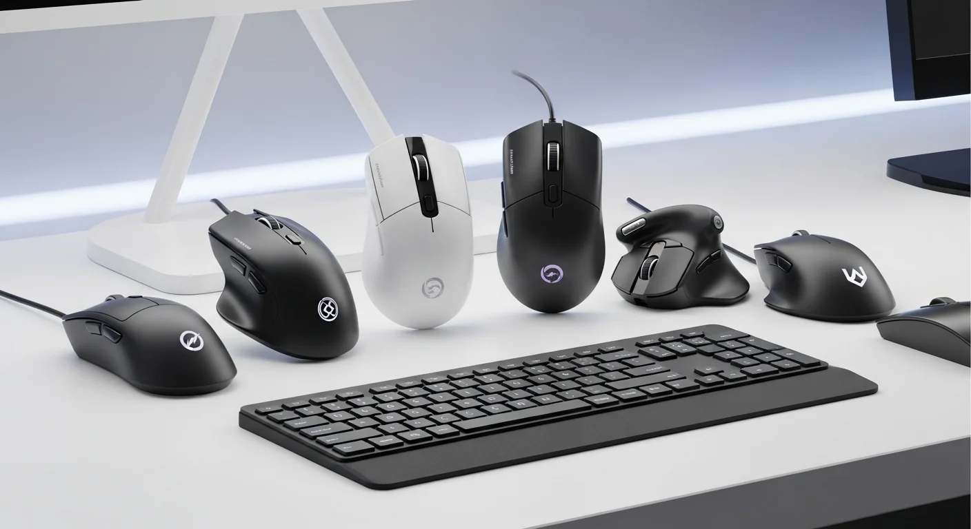 Una selección de los mejores mouse para computadoras, incluyendo modelos gamer y ergonómicos, sobre un escritorio moderno.