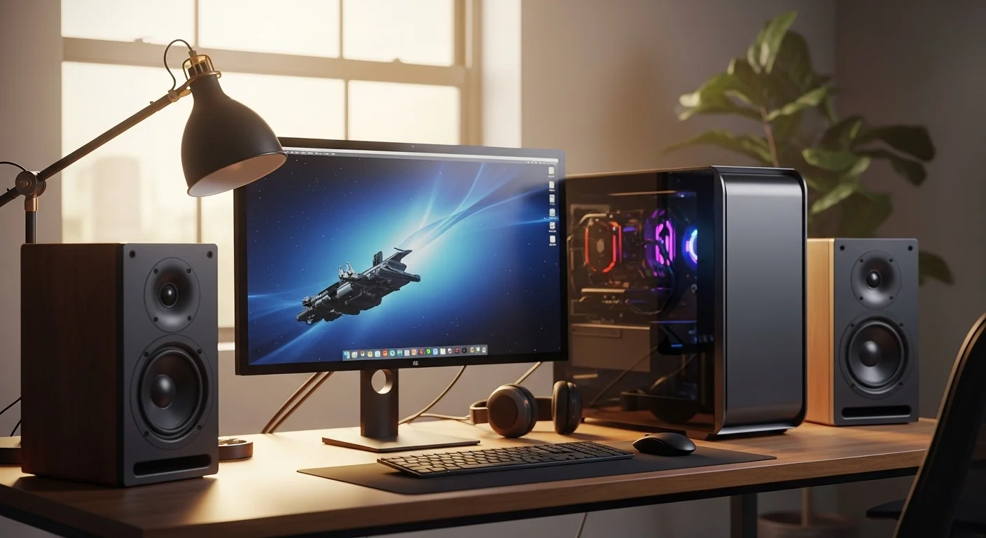 Setup de oficina moderno con una computadora de escritorio y altavoces de alta calidad, demostrando el audio perfecto para la productividad.