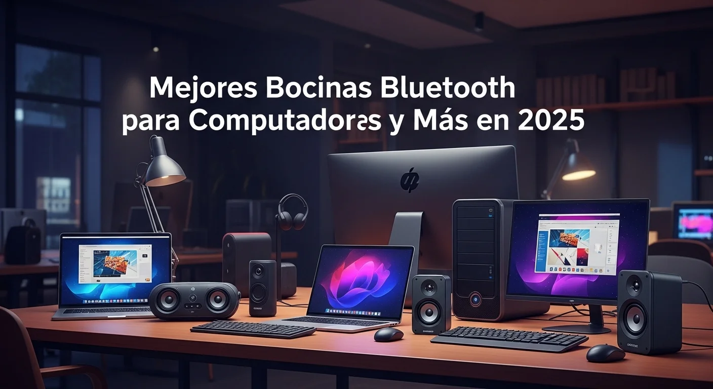 Una selección de las mejores bocinas bluetooth de 2025 mostradas junto a varias computadoras y laptops en un entorno de oficina moderno.