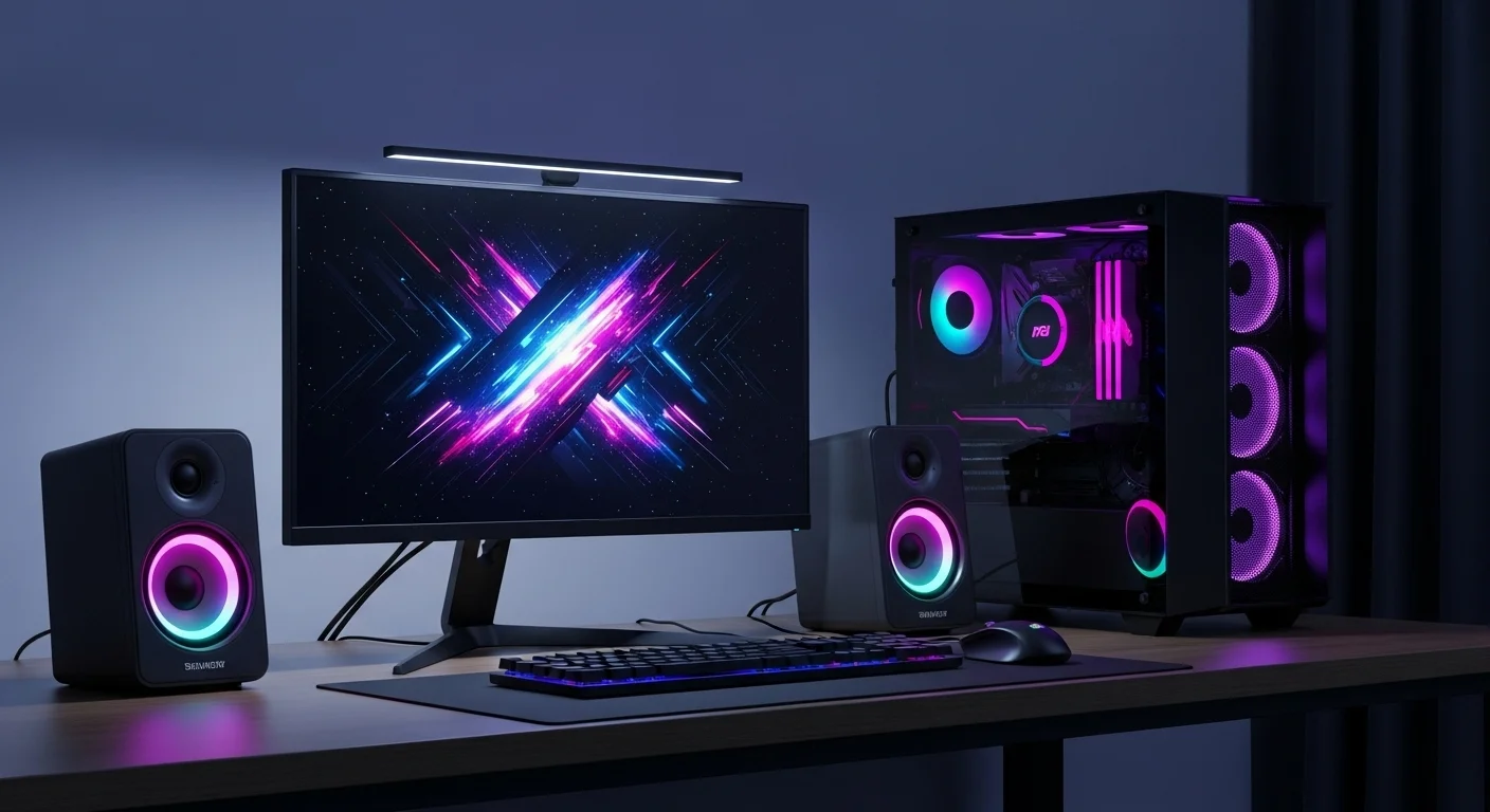 Setup de computadoras con las mejores bocinas iluminadas para gaming y trabajo, mostrando un ambiente tecnológico moderno.