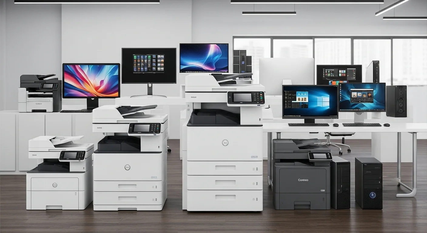 Una selección de las mejores impresoras multifuncionales dispuestas en un entorno de oficina moderno junto a varias computadoras.