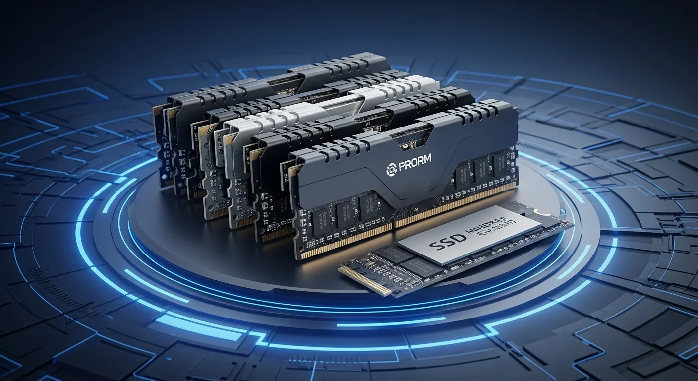 Componentes de memoria para PC, incluyendo módulos de memoria RAM y un SSD, sobre un fondo tecnológico.