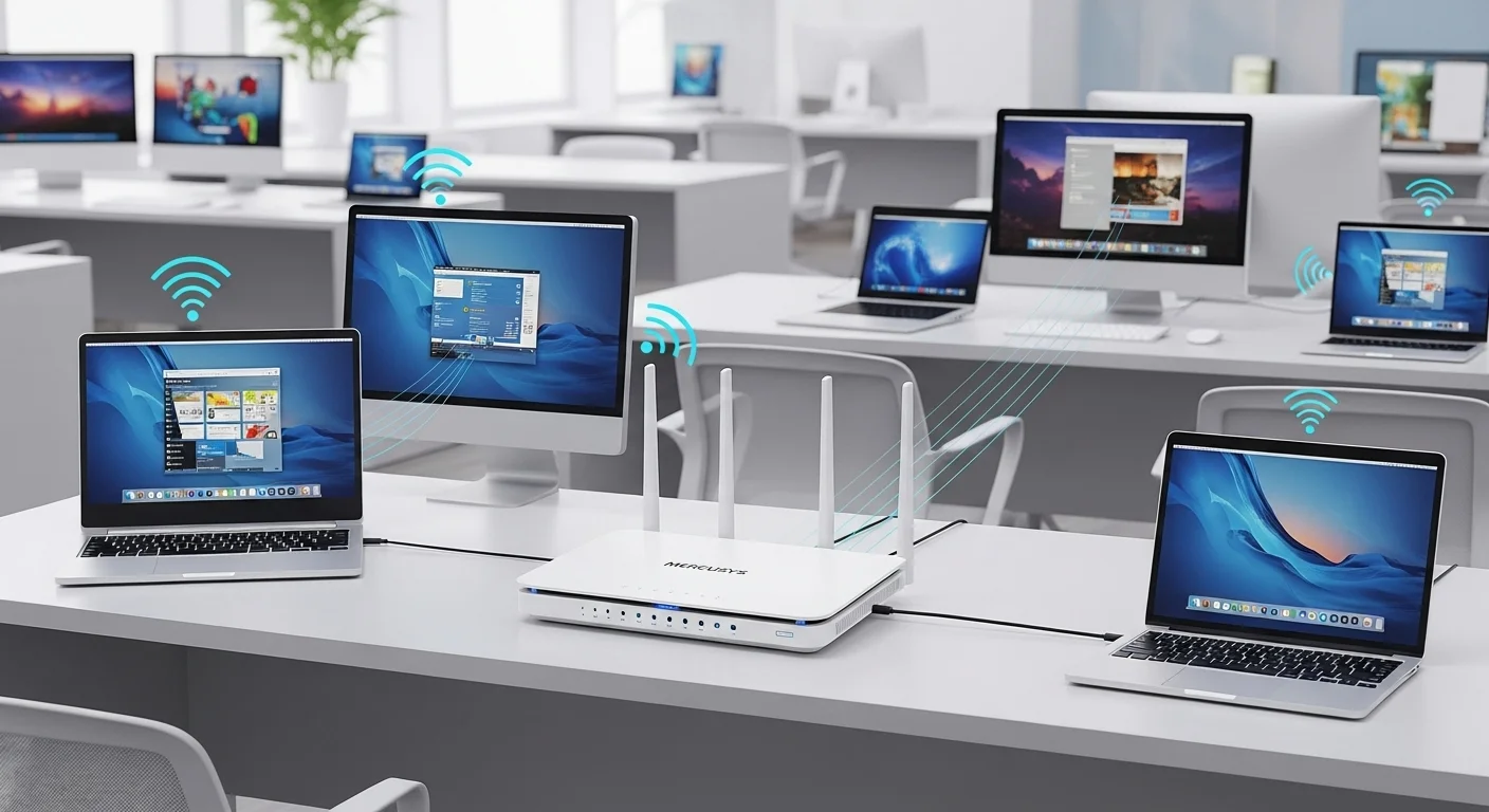 Router Mercusys blanco conectado a varias computadoras y laptops en un entorno de oficina moderno, simbolizando conectividad y tecnología.