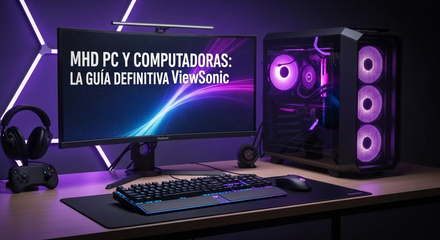 Escritorio moderno con una configuración de computadora Mhd Pc, destacando un monitor curvo ViewSonic iluminado y periféricos gaming.