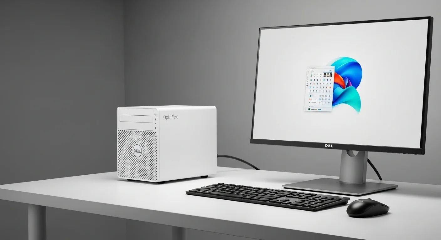 Una computadora Micro Dell OptiPlex en un escritorio moderno junto a un monitor y un teclado, destacando su tamaño compacto.