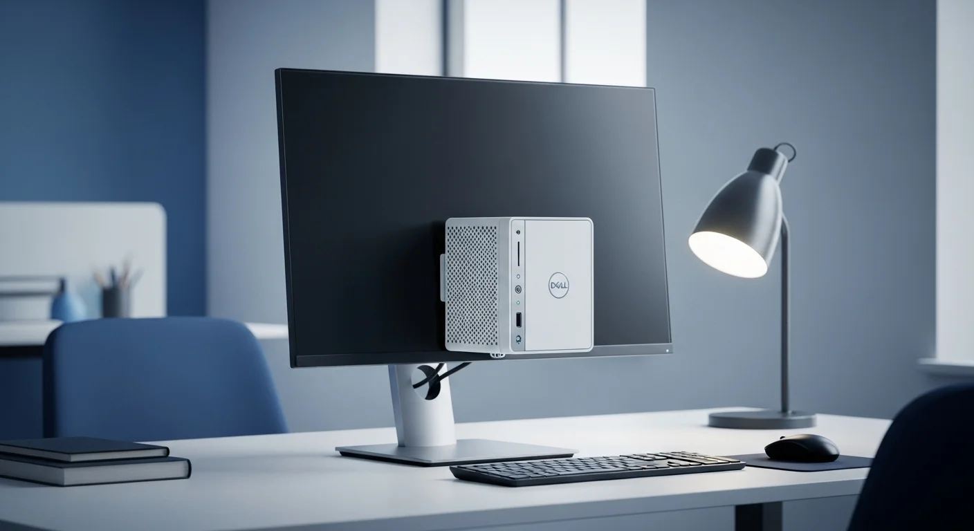 Computadora Micro Dell Optiplex montada discretamente detrás de un monitor en un escritorio de oficina limpio y moderno, demostrando su diseño compacto.