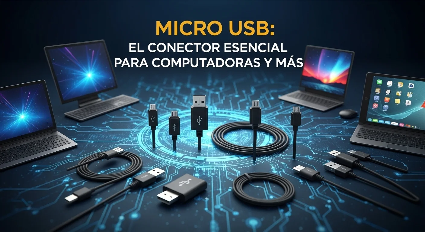 Varios tipos de cables y adaptadores Micro USB sobre un fondo tecnológico, mostrando versatilidad con computadoras