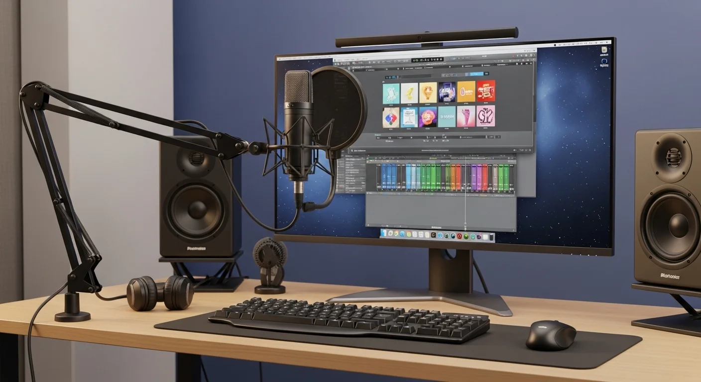 Un setup de home studio con un micrófono de condensador XLR en un brazo articulado frente a un monitor de computadora, con accesorios como bocinas y un teclado.