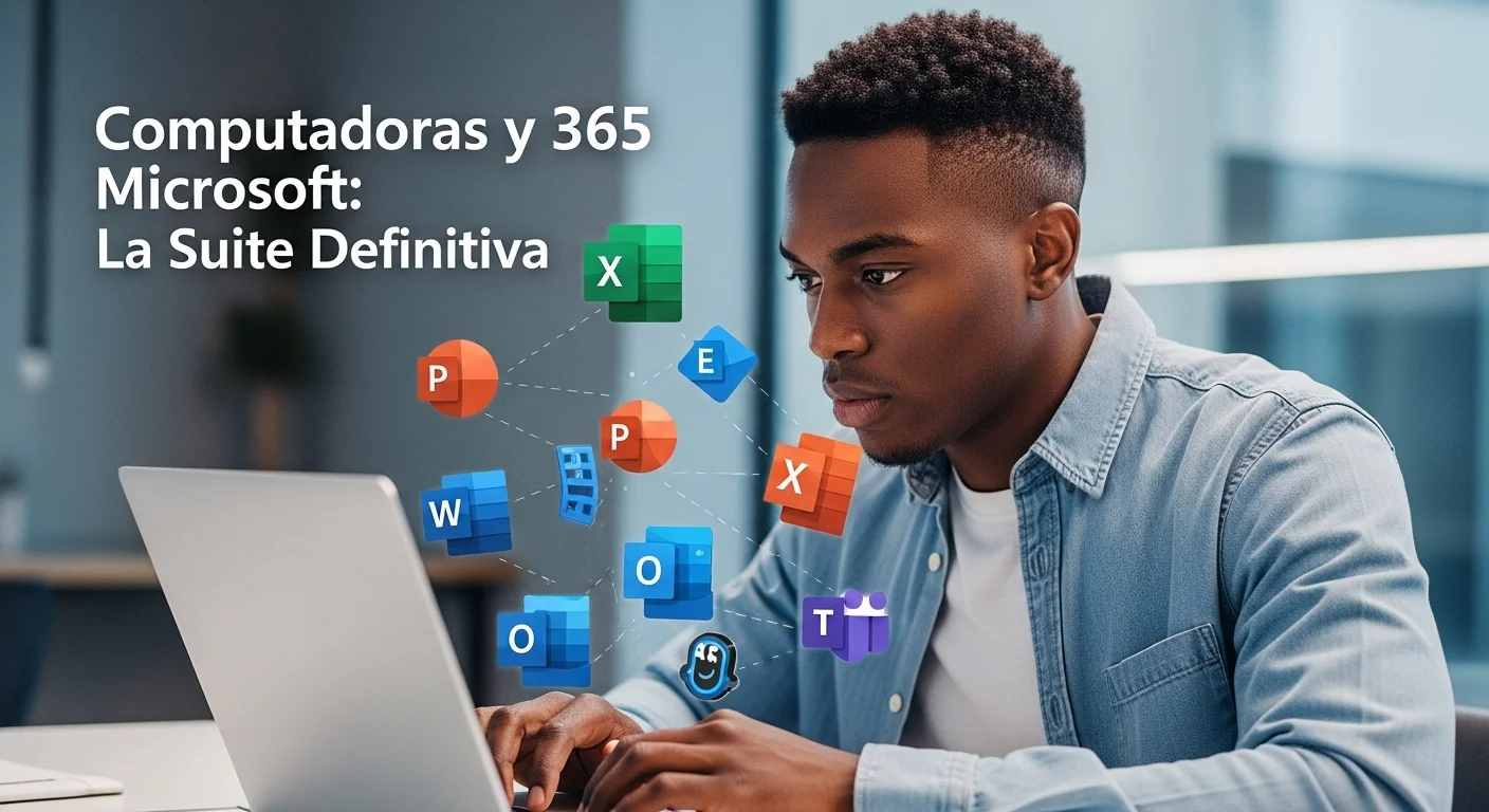 Una persona trabajando en una laptop moderna con los íconos de las aplicaciones de 365 Microsoft flotando alrededor, mostrando un ecosistema integrado.