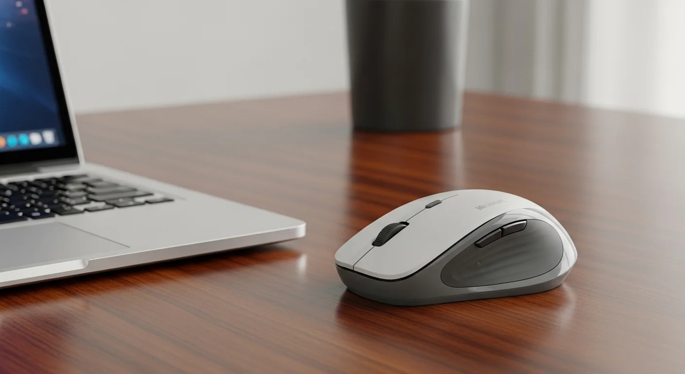 Microsoft Bluetooth Mobile Mouse 3600 sobre un escritorio de madera junto a una laptop, representando un entorno de trabajo moderno con computadoras.