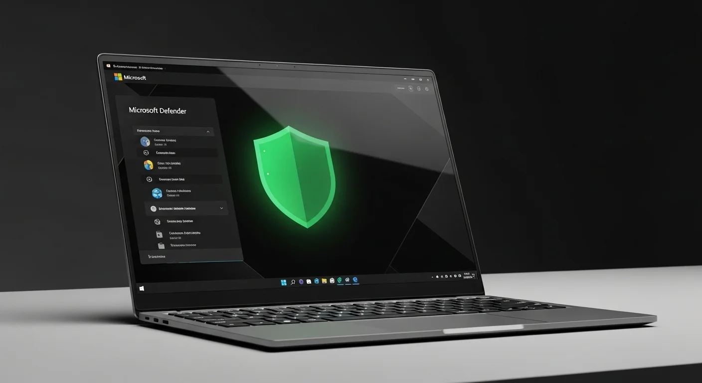 Interfaz de Microsoft Defender en una pantalla de laptop, mostrando un escudo verde que simboliza la protección activa de las computadoras.