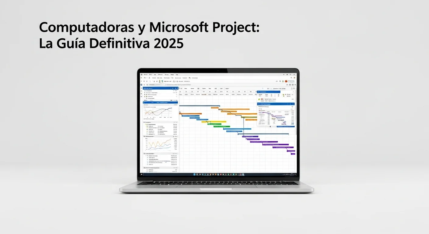 Una computadora portátil moderna mostrando un diagrama de Gantt en Microsoft Project, con gráficos y datos superpuestos, simbolizando la gestión de proyectos y la tecnología.