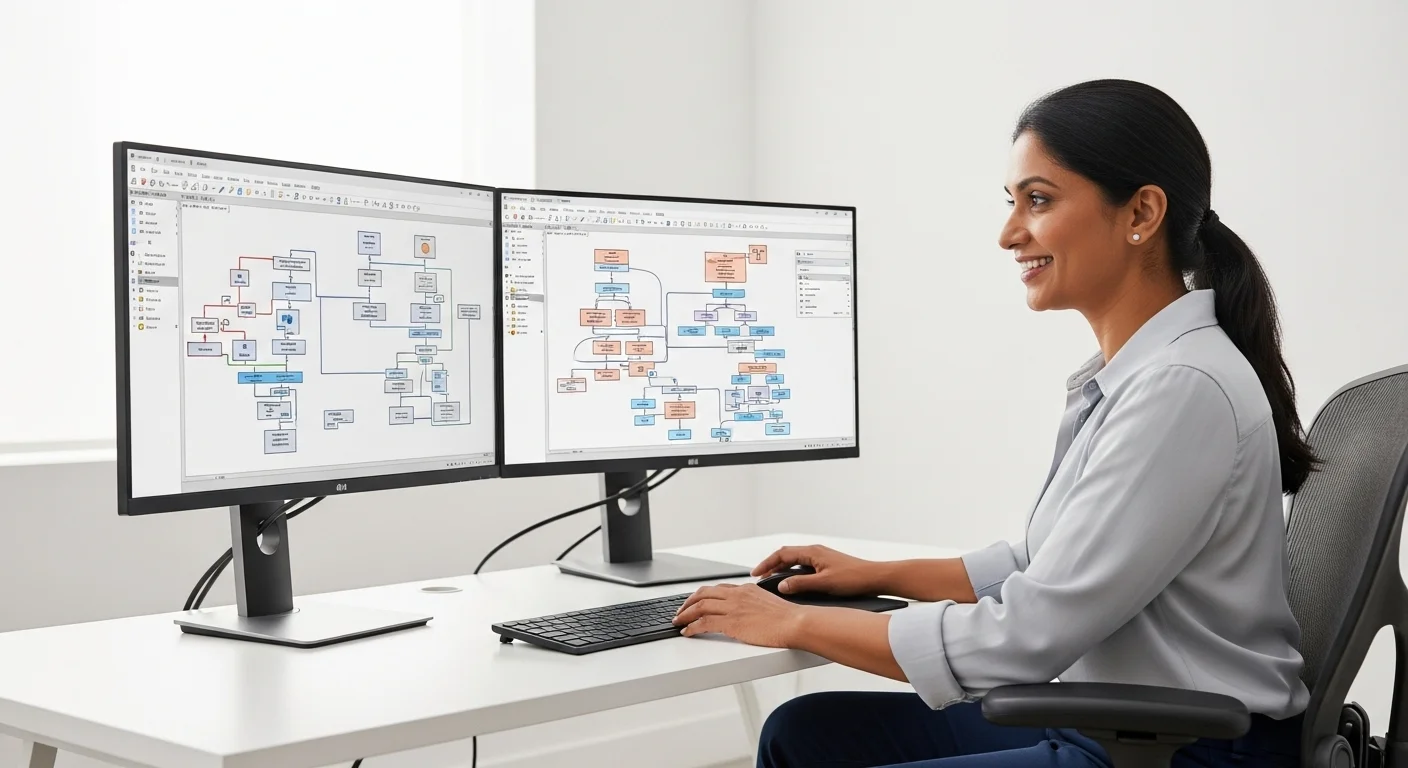 Una persona trabajando en un diagrama de flujo complejo de Microsoft Visio en una computadora de escritorio moderna con dos monitores, mostrando la interfaz de Visio Professional.