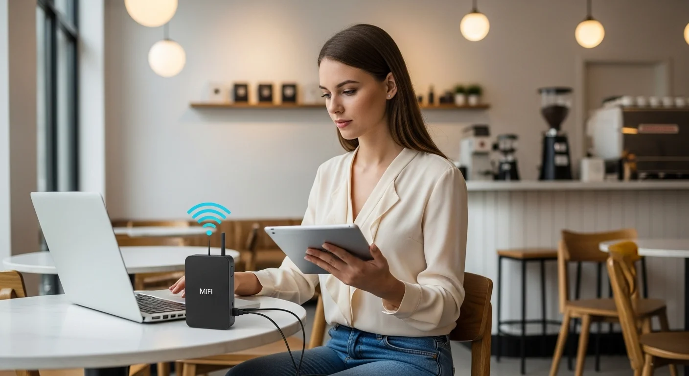 Una persona utilizando un mifi portátil para conectar su laptop y tablet a internet en una cafetería moderna, demostrando la conectividad para computadoras.