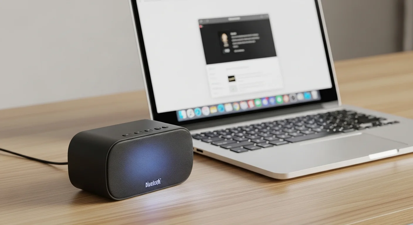 Una mini bocina bluetooth negra sobre un escritorio de madera junto a una laptop abierta, mostrando la perfecta integración de accesorios de audio con computadoras.