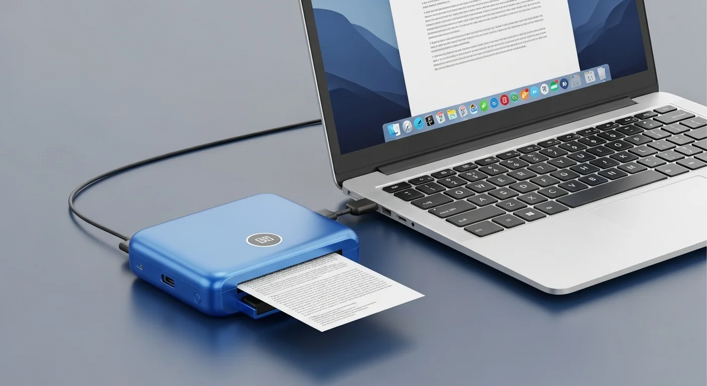 Una mini impresora térmica portátil conectada a una laptop, demostrando la sinergia entre computadoras y accesorios de impresión modernos.