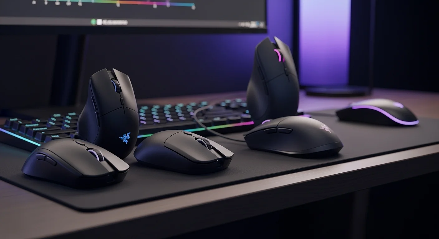 Varios tipos de mini mouse, incluyendo un Razer Viper Mini y un mini mouse bluetooth, sobre un escritorio de computadora moderno.