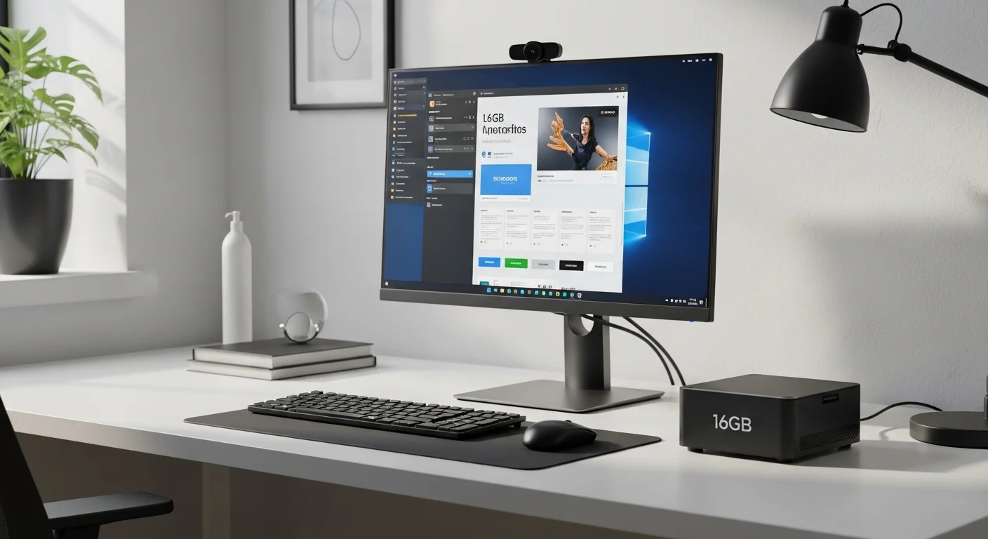Un moderno escritorio de trabajo con una computadora mini pc de 16gb de RAM conectada a un monitor 4k, mostrando un espacio de trabajo minimalista y tecnológico.