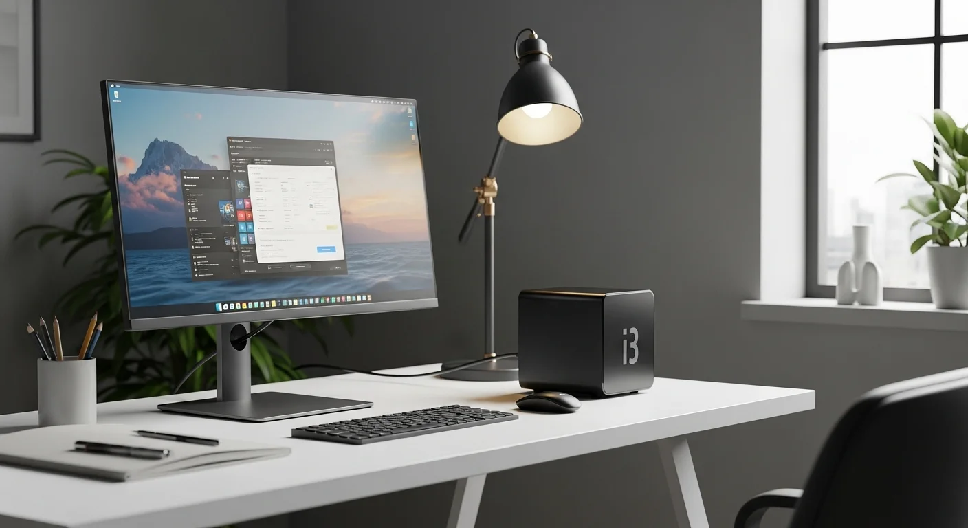Un setup de oficina moderno y minimalista con un mini pc i3 conectado a un monitor, demostrando su tamaño compacto.