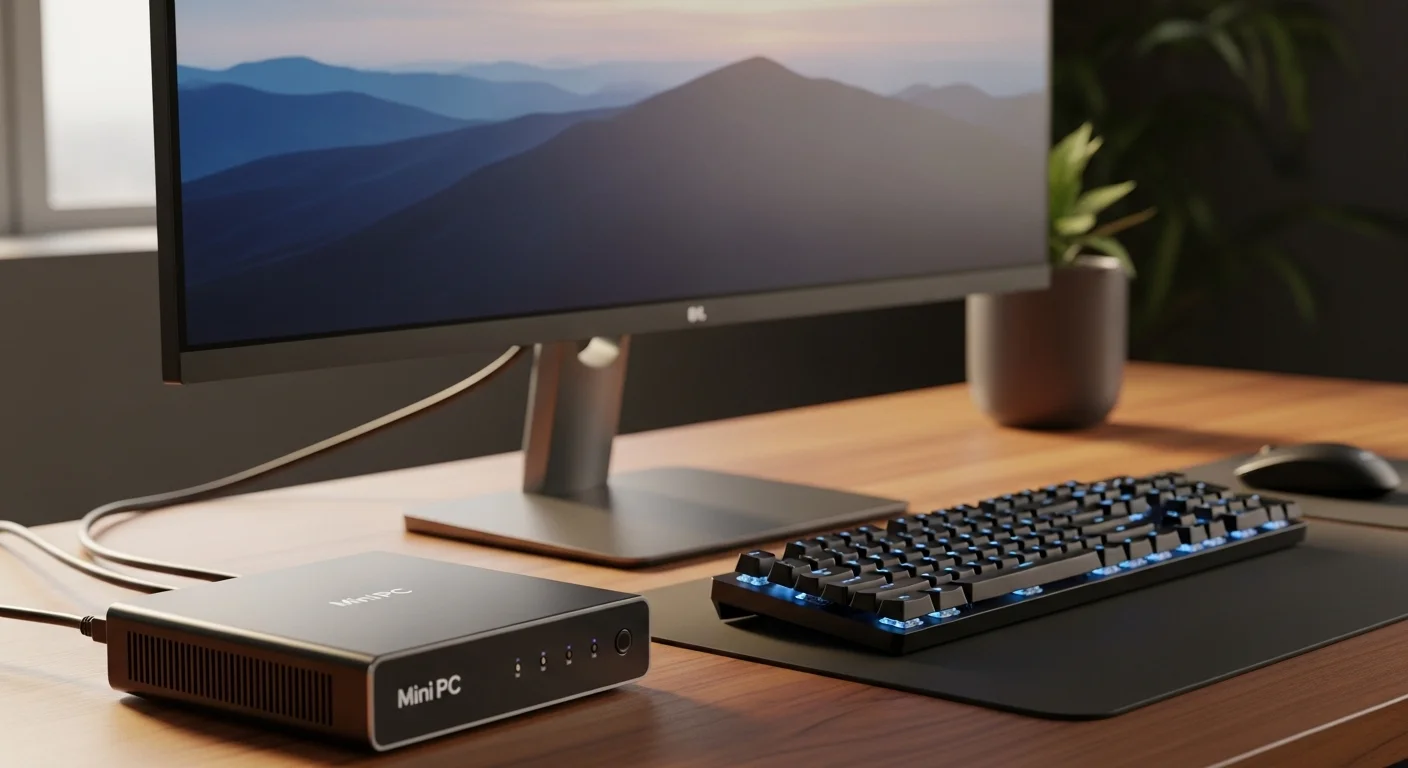 Una Mini PC compacta y elegante sobre un escritorio de madera junto a un monitor y un teclado, mostrando el futuro de las computadoras de escritorio.
