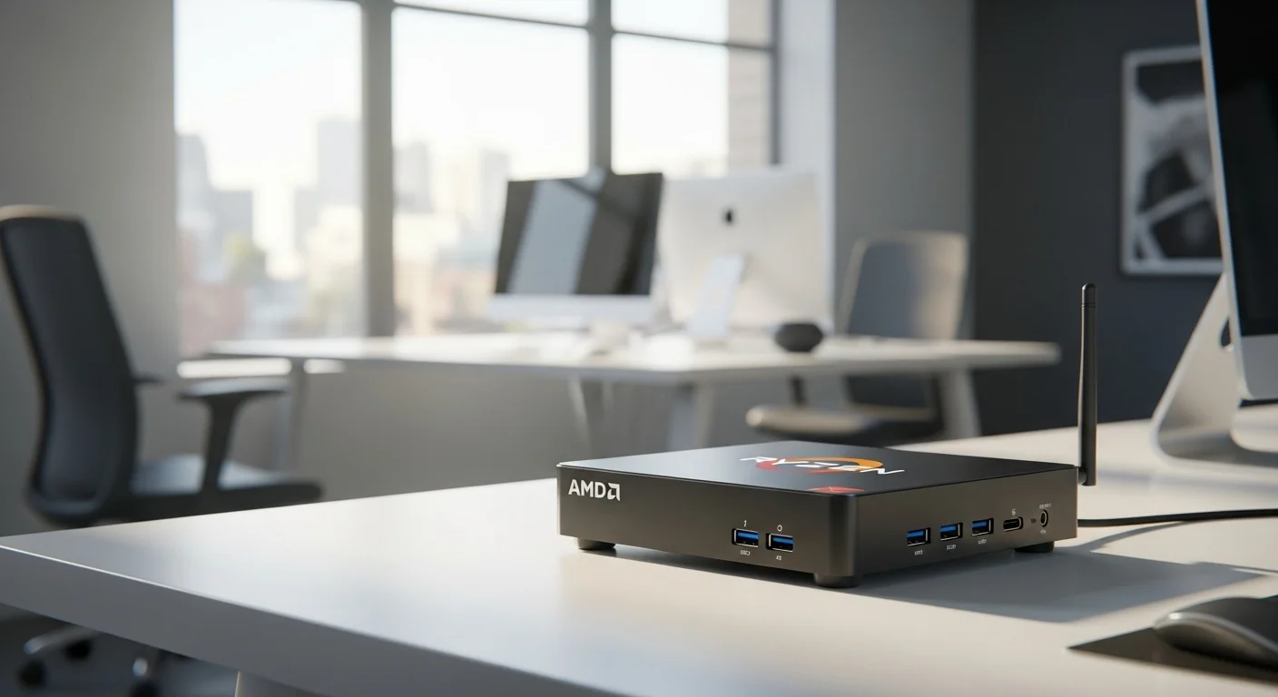 Un mini pc ryzen 7 compacto y elegante sobre un escritorio minimalista, demostrando la versatilidad de las computadoras modernas con procesador amd ryzen 7.