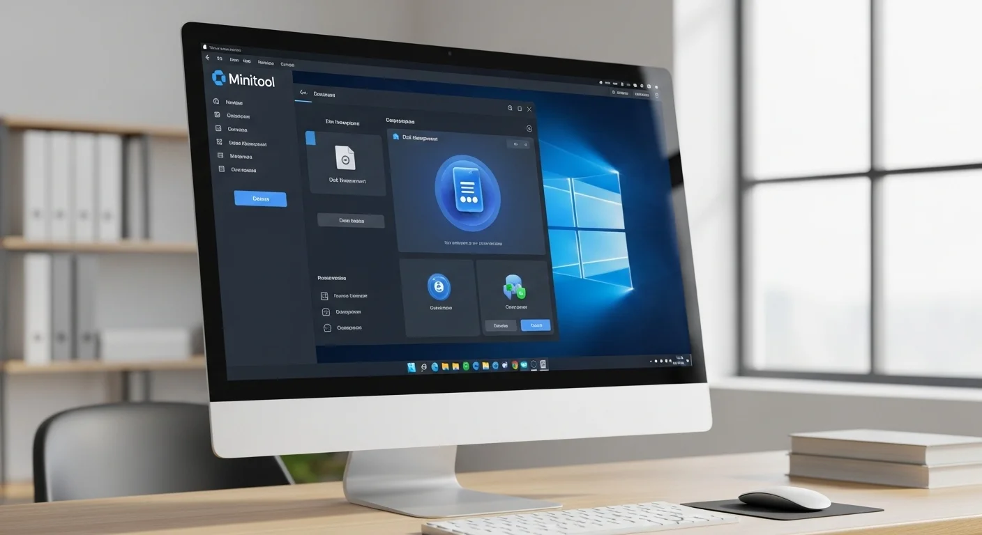 Interfaz del software Minitool en una computadora de escritorio, mostrando herramientas de gestión de disco y optimización para computadoras.