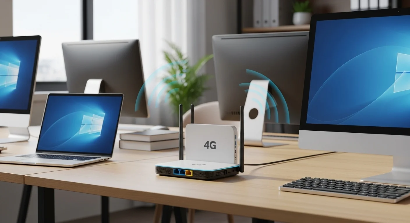 Imagen de un modem router 4G moderno en una oficina, proporcionando conexión WiFi a varias computadoras y laptops.
