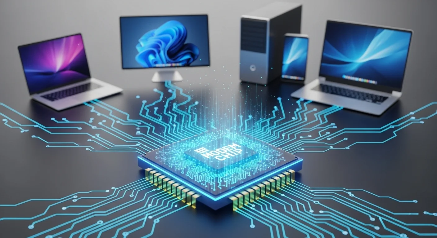 Una imagen conceptual que muestra un Modem Chip brillante en primer plano, con líneas de circuitos conectándolo a computadoras portátiles y de escritorio en el fondo, simbolizando la conectividad avanzada.